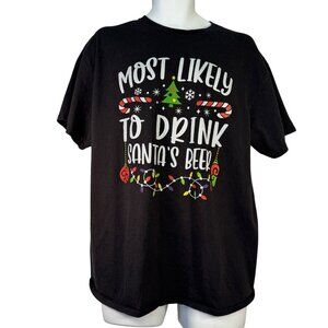 Funny Christmas Graphic Tee Most Likely To Drink Santas Beer Black Shirt Size XL